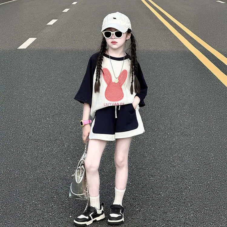 女童夏套装2025新款大童女孩时髦洋气夏装儿童休闲运动短裤两件套