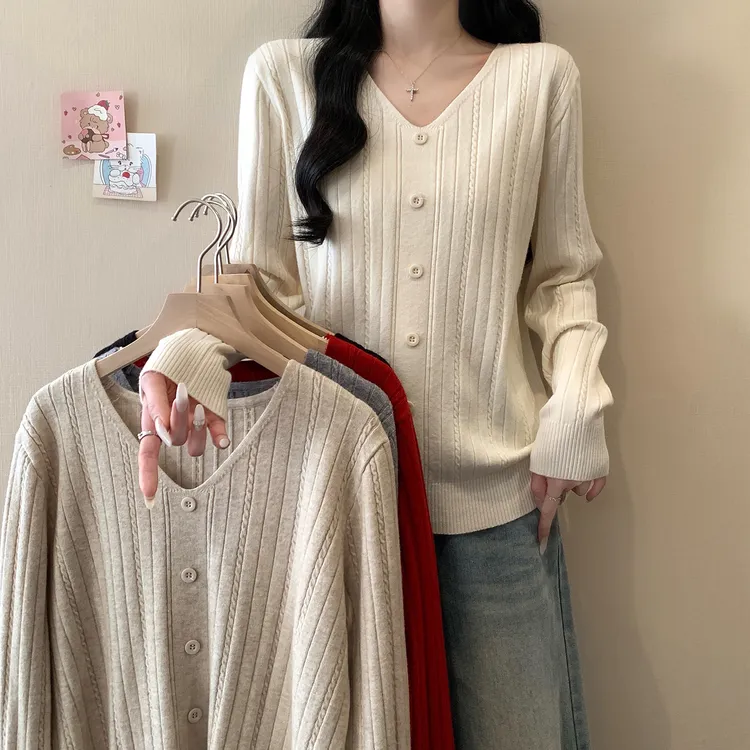 4249大码女装2025秋冬装新款宽松加厚针织衫上衣胖mV领毛衣打底衫