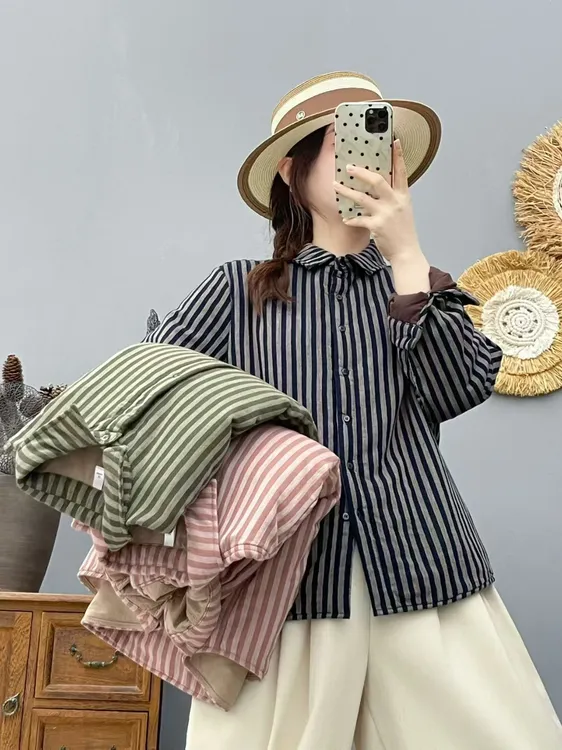 保暖条纹宽松冬季抗污耐脏衬衫韩版显瘦外套洋气女86587
