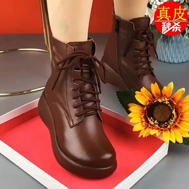 蜘蛛王品牌鞋真皮马丁靴女2025冬季新款松糕厚底短靴加绒加厚防滑