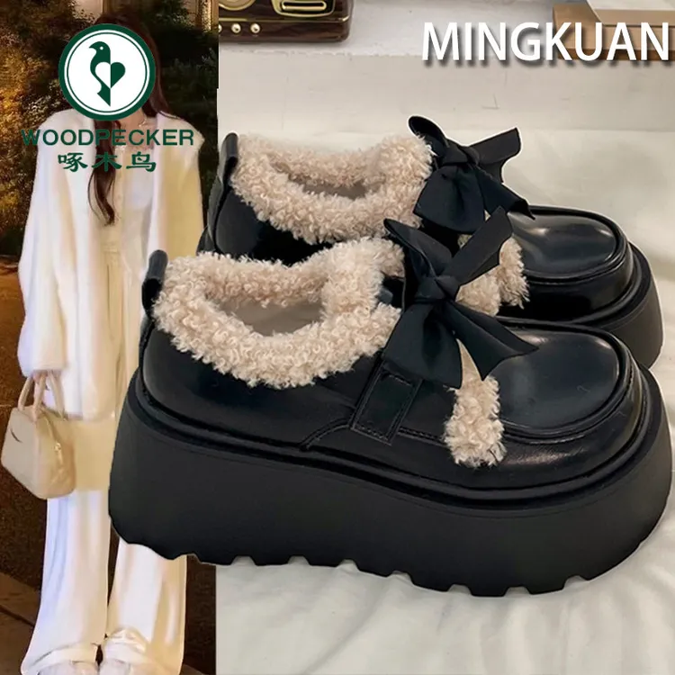 啄木鸟法式蝴蝶结小皮鞋女外穿加绒保暖秋冬季新款厚底增高乐福鞋