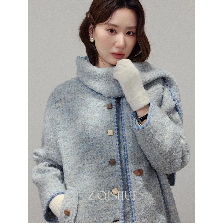 张汽水秋冬宽松小香风百搭时尚翻领毛呢蓝色短外套冬季Z18819
