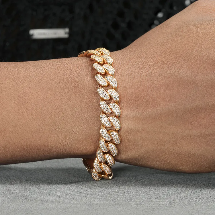 铜合金锆石手链 金色满钻古巴手链男嘻哈欧美潮流cuban手环高级感