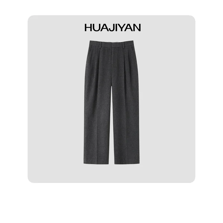 华吉言/HUAJIYAN【黑刃】羊毛混纺双压褶高腰宽松直身休闲裤