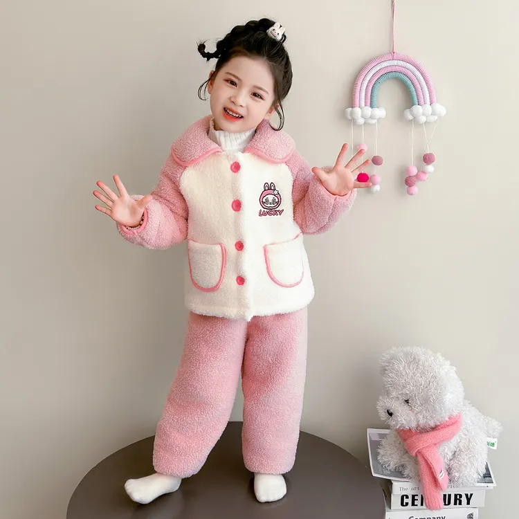 女童睡衣冬季新款女孩双层夹棉加厚开衫套装儿童卡通法兰绒家居服