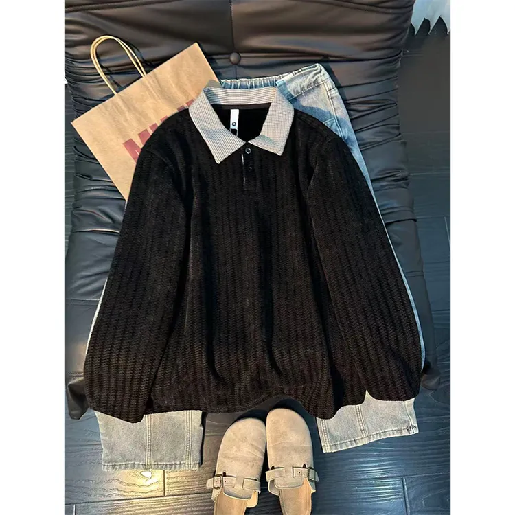 cleanfit黑色千鸟格POLO衫男款冬季假两件翻领上衣小香风加绒卫衣