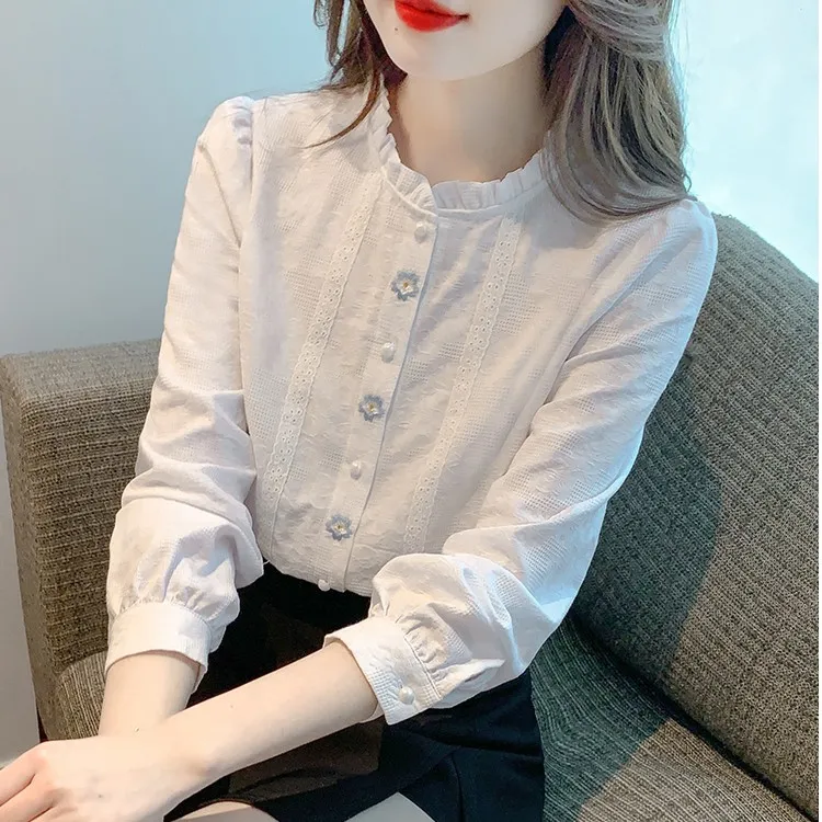 2025春蓝风铃花白衬衫女长袖新款木耳边领文艺小众肌理洋气衣服女