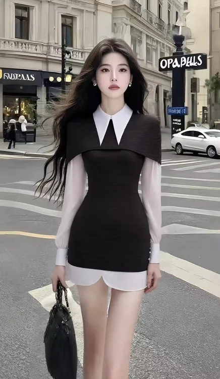 时尚通勤风撞色不规则领型修身收腰长袖设计感连衣裙小众高级感