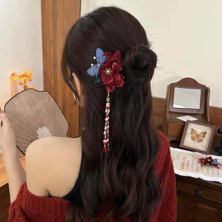 新中式山茶花发钗蝴蝶发簪敬酒服订婚发饰盘发新娘头饰国风气质