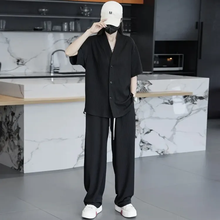 夏季男士高级感领休闲冰丝套装时尚百搭情侣同款短袖长裤两件套