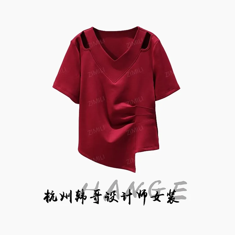 【韩哥女装】小众设计师款安可拉红压褶V领时尚高克重短袖9718