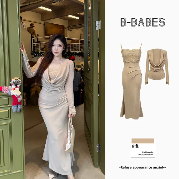 B-babes【微醺香槟】大码纯欲性感蕾丝收腰显瘦包臀裙套装秋冬