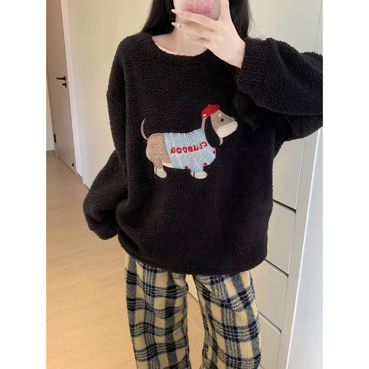 半边绒睡衣女冬季加厚加绒珊瑚绒可爱小狗长袖格子长裤家居服套装