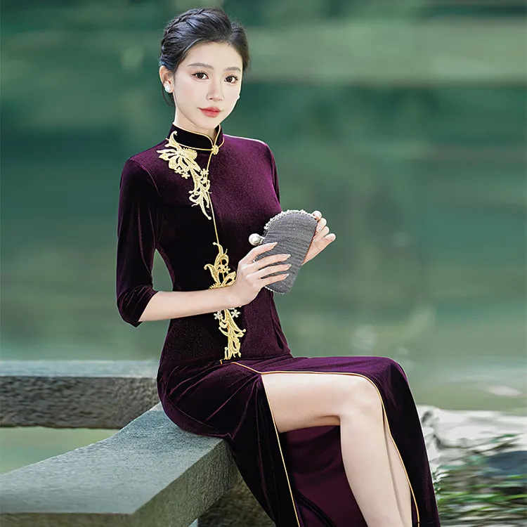丝绒改良旗袍中式新款走秀旗袍舞台走秀表演礼仪气质礼服闭月羞花