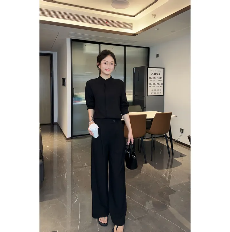 【XINRU心如】2025秋季新款时尚套装女黑色立领长袖衬衫宽松阔腿裤休闲两件套