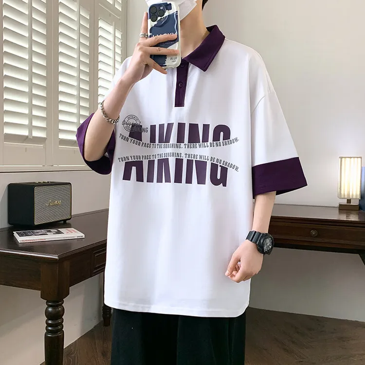 新款商务休闲夏季薄款宽松型青少年印花字母短袖t恤男polo衫体恤