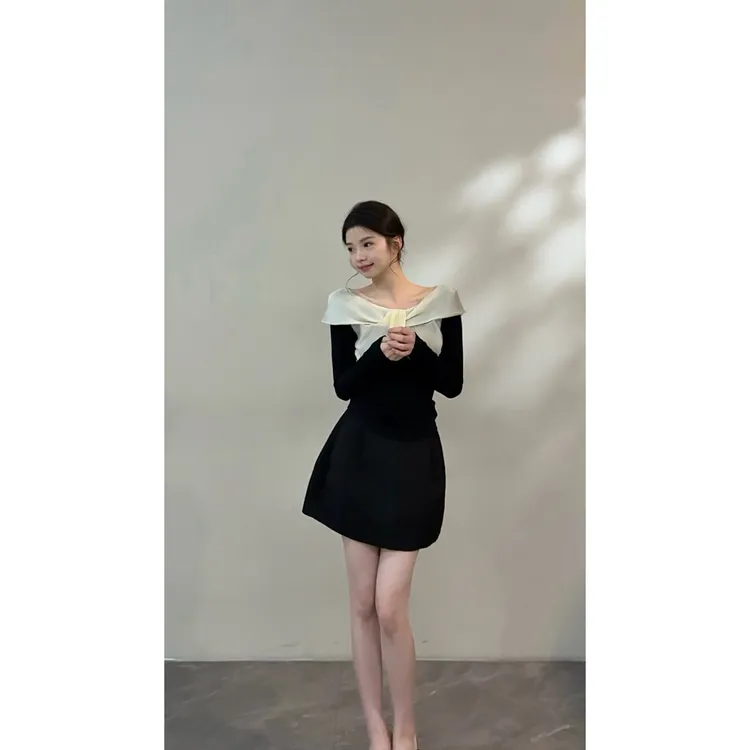 【颂宋】 秋季设计感拼接一字领针织衫显瘦气质高级感上衣DT1637