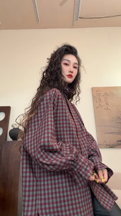 museguhui/木色古汇825159#格子气质宽松常规款百搭时尚休闲衬衣