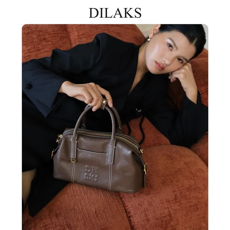 DILAKS植鞣牛皮真皮波士顿包保龄球包通勤女包斜挎手提包