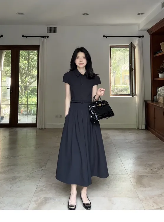 郭九九呢 气质通勤polo领简约收腰显瘦连衣裙（送腰带）G925Q08803