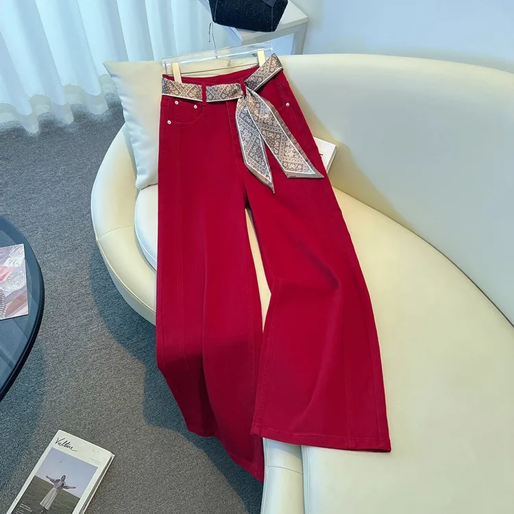 拉夏贝尔枫叶红丝巾设计阔腿牛仔裤女秋冬2025新款高腰宽松直筒裤