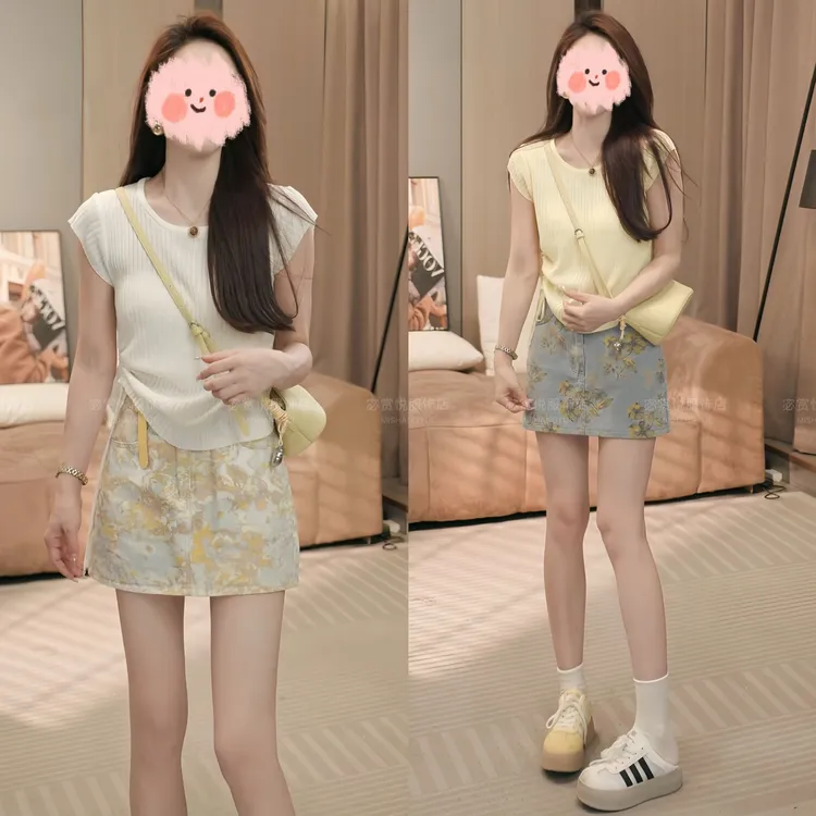 洋气休闲装2025夏季显瘦镂空短袖针织上衣百搭包臀半身裙气质套装