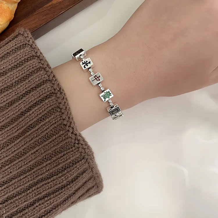 925银手链 国潮s925银十三幺手链女麻将珐琅饰品小众高级感手饰