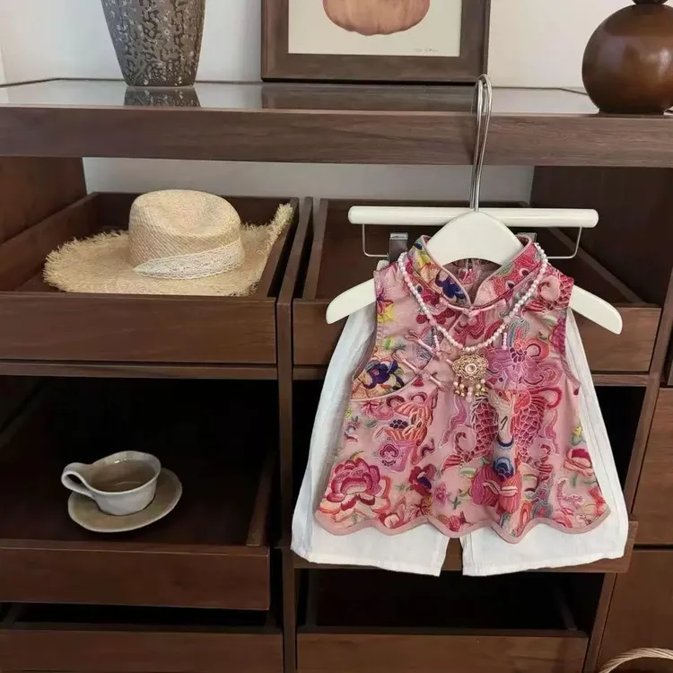 女童新中式套装2025新款儿童宝宝洋气国风旗袍背心阔腿裤两件套潮