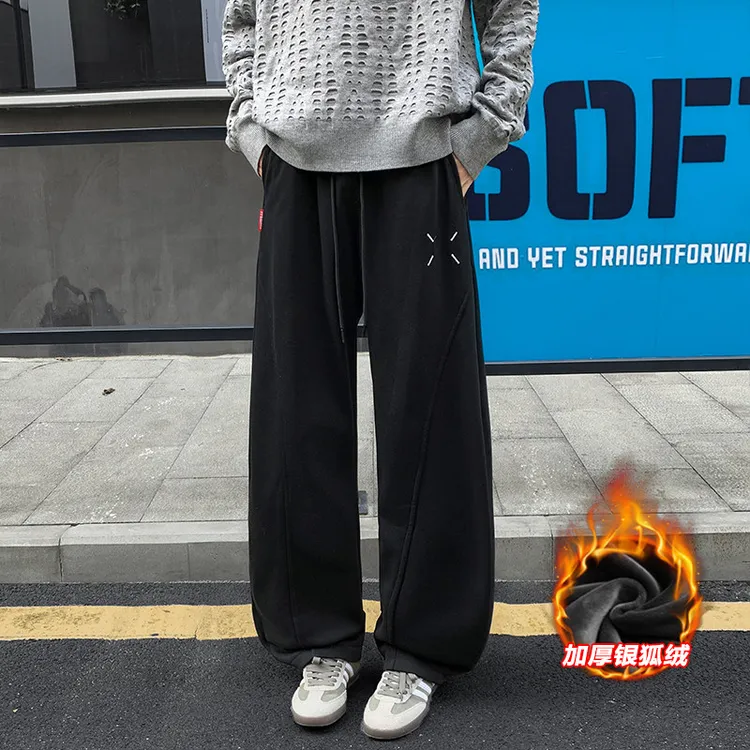 冬季新款休闲裤宽松大码保暖加绒银狐绒弯刀裤男安哥拉红直筒裤