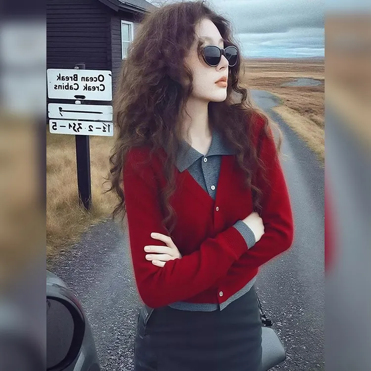 欧货高端大牌撞色假两件新年红针织衫长袖红色上衣女2025秋冬季