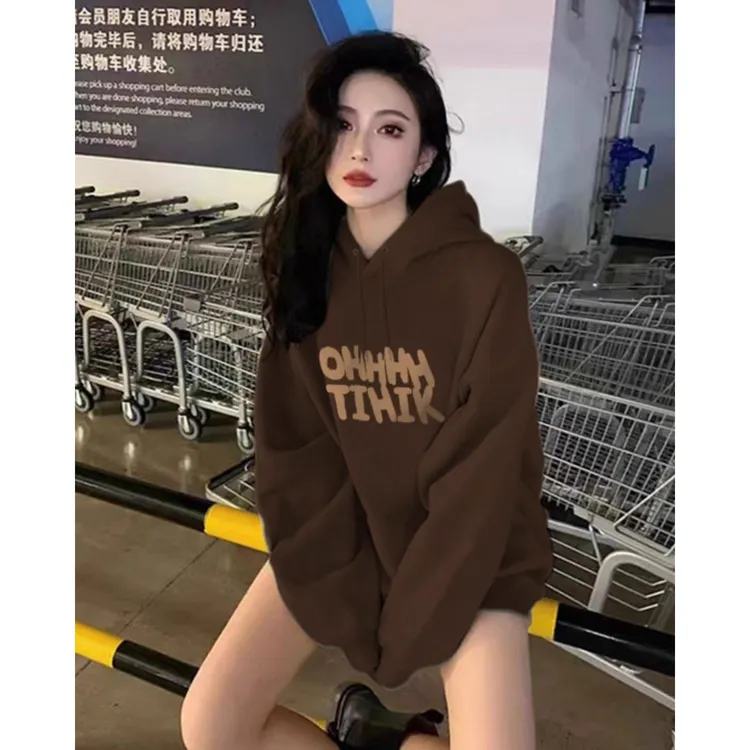 棕色连帽卫衣女款2025新款爆款秋冬季超厚加绒美拉德穿搭女士外套