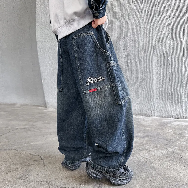 男童工装裤子春秋款2025新款儿童秋装直筒牛仔裤男孩长裤宽松炸街