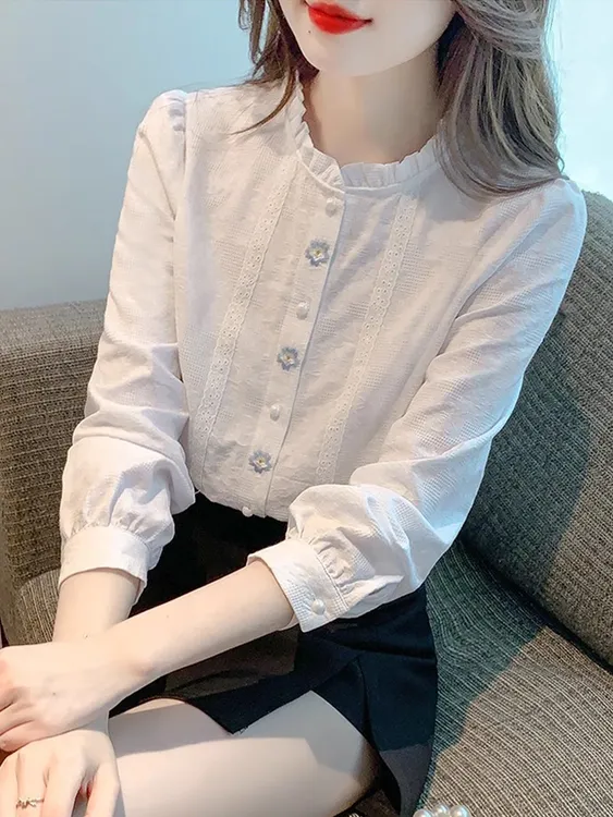 100%纯棉 春秋装新款刺绣提花纯棉衬衫女洋气全棉木耳领上衣百搭