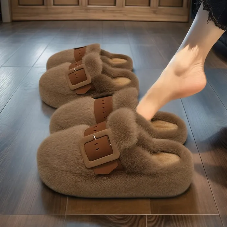 包头毛毛拖鞋外穿2025新款秋冬厚底皮带扣加绒软底防滑孕妇棉拖女