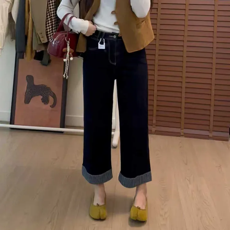 丹宁蓝翻边直筒牛仔裤女2025秋季新款时尚爆款九分裤子窄版阔腿裤