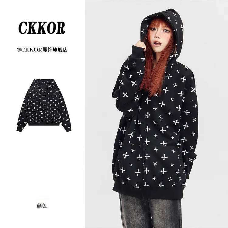 CKKOR美式十字架满印开衫卫衣女春秋新款设计感舒适宽松帽衫外套 