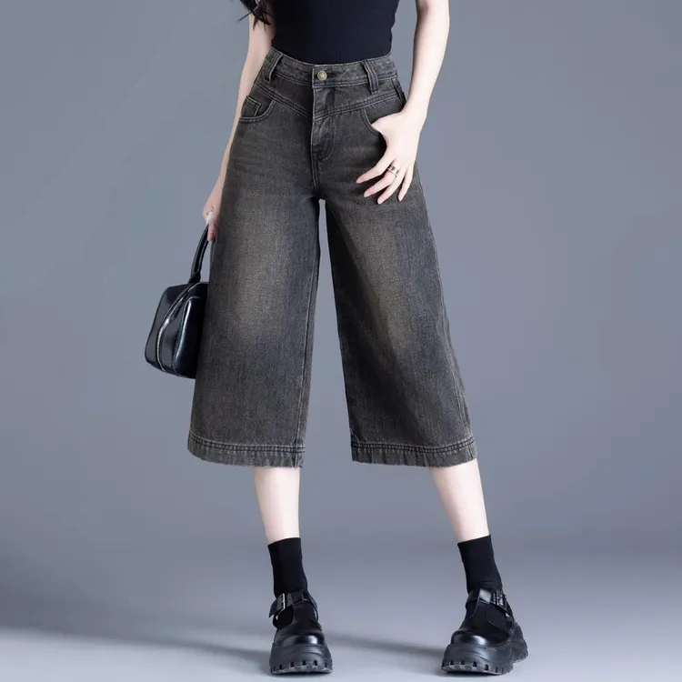 简约黑色七分阔腿牛仔裤女款爆款2025夏季宽松高腰显瘦休闲直筒裤
