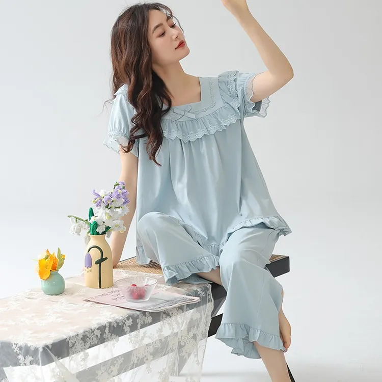 套头睡衣女夏季新款薄款纯棉短袖女士夏天大码宽松甜美家居服套装