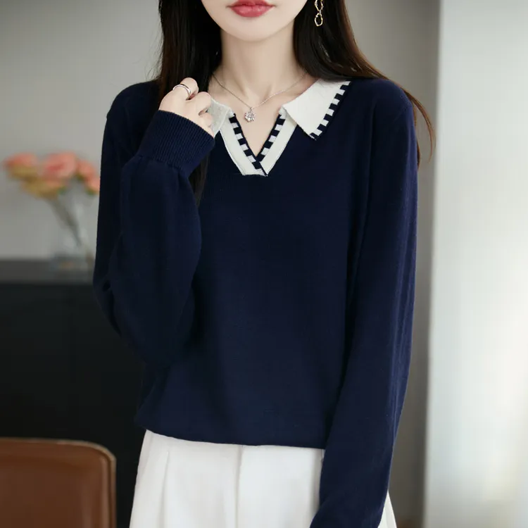 品牌女装正品秋冬新款翻领时尚简约针织衫女宽松休闲打底衫毛衣