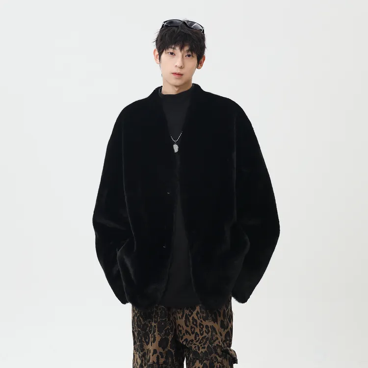 天然仿皮草短款V领男黑色通勤风冬款加厚棉衣棉服单排两粒扣