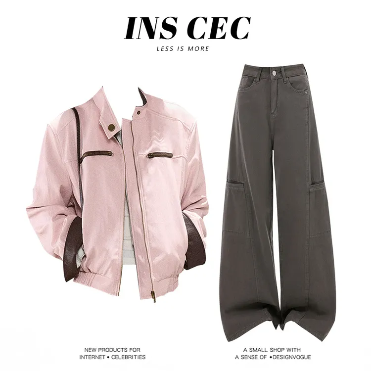 INS CEC美式森系街头风潮流宽松皮衣外套直筒休闲裤秋季两件套