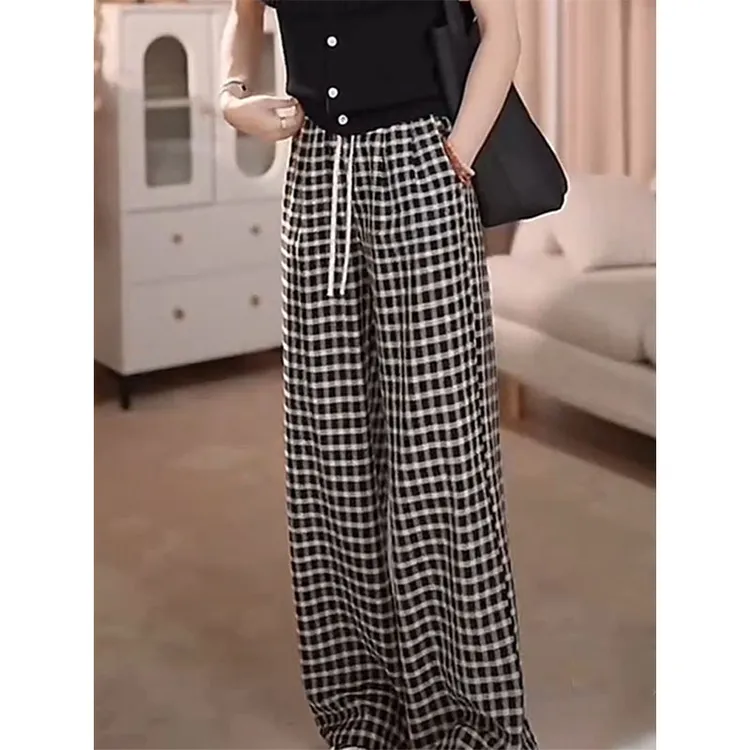 黑白格子休闲阔腿裤女夏季新款薄款高腰垂感舒适直筒裤长裤ins潮