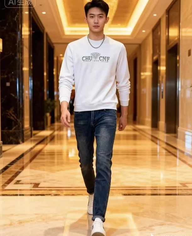 套装男士美式欧品小蜜蜂刺绣弹力牛仔裤小直筒卫衣秋冬款潮流时尚