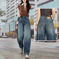 2025秋季新款右后口袋特色绣线高腰牛仔裤女宽松阔腿潮流复古长裤