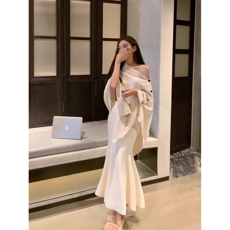 K法式高级感套装斜肩披肩上衣女秋冬修身显瘦包臀半身鱼尾长裙