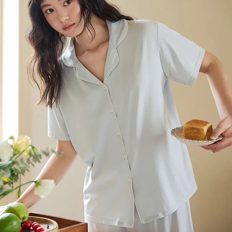 翻领家居服女新款短袖短裤宽松套装纯色设计感外穿睡衣