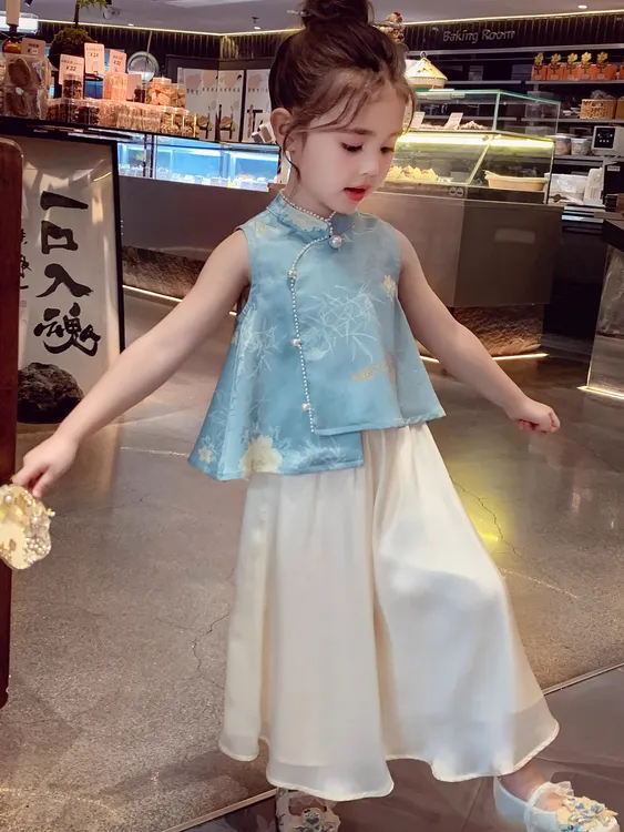 女童新中式国风套装夏装2025新款小女孩缎面提花上衣阔腿裤两件套