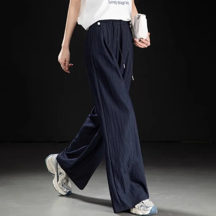 防掉色冰丝休闲裤女2025新款夏季高腰阔腿裤宽松慵懒风直筒山本裤