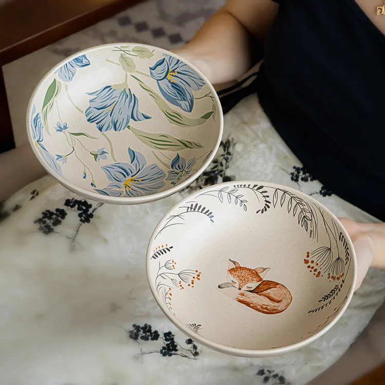 小悠家 中古风8英寸芝麻釉陶瓷碗高颜值轻食沙拉碗大号菜碗深盘