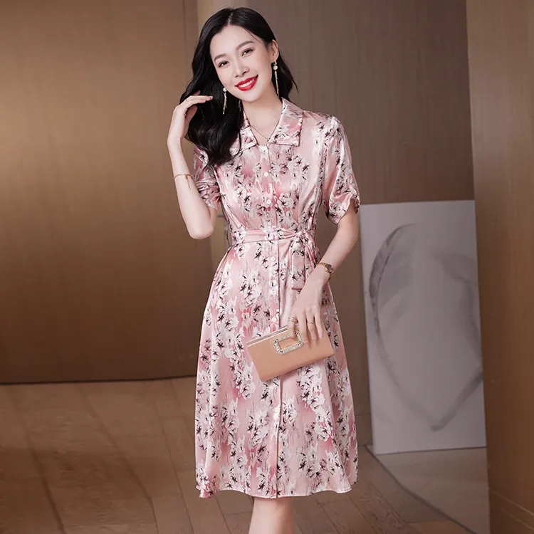 桑蚕丝新款优雅真丝短袖连衣裙修身显瘦印花设计夏季轻奢精品女裙